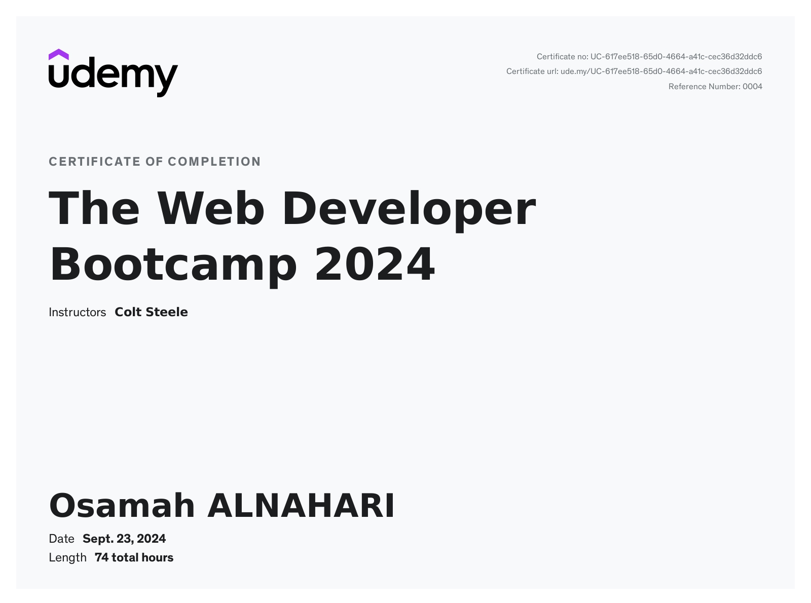 The Web Developer Bootcamp 2025 certificate
